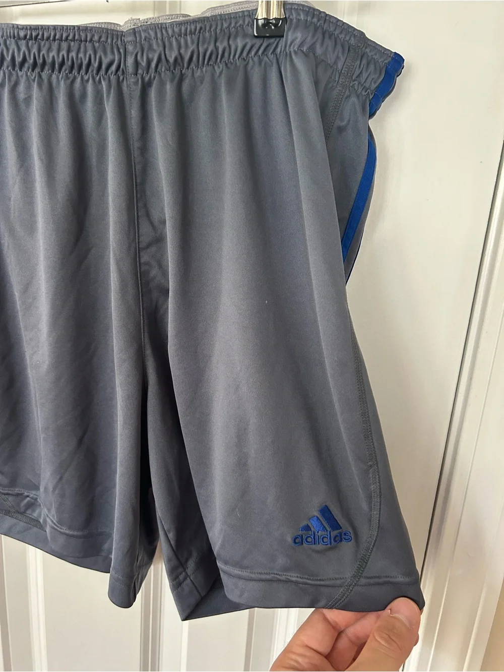 adidas Men’s Gray Athletic Shorts with Blue Side Stripes